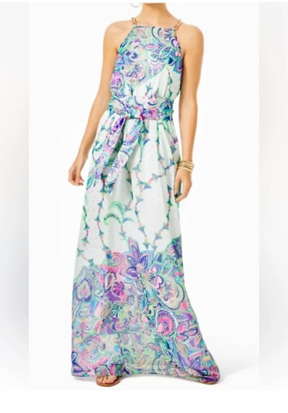 Lilly Pulitzer Tiera Maxi Dress Best Kept Secret Gold Chain Halter XXS